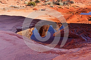 Reflection Of Red Rock Formations In Small Pool