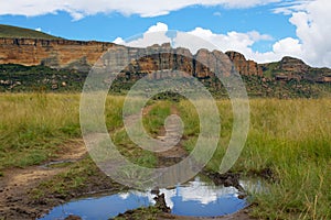 Reflection of red sandstone cliffs, Golden Gate Highlands National Park.