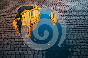 Reflection of Sant'Agnese in Agone, Navona Square, Rome, Italy