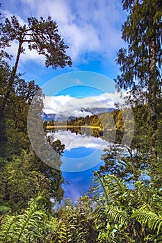 Reflection scenic of lake matheson in south island new zealand