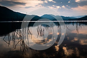 Reflection of sky, cloud, and mountains on very clear surface of the lake and pricky wood weed in the water at a park with rays of