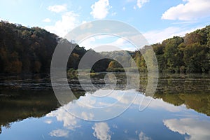 Reflection of sky in placid lake