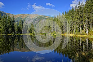 Reflection on Smreczynski lake in Koscieliska Valley, Tatras Mountains in Poland