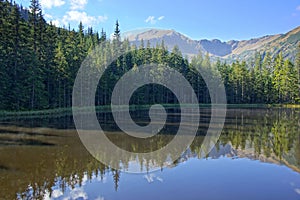 Reflection on Smreczynski lake in Koscieliska Valley, Tatras Mountains in Poland