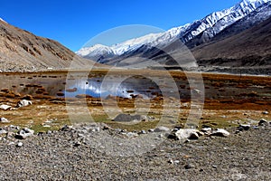 Reflection of snow covered hills in pond