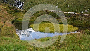 Reflection of a snow covered mountain in a small pond