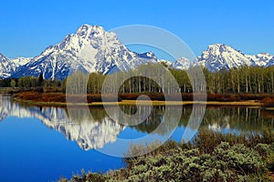 Grand Teton National Park, Reflection of Snowy Mount Moran and Rocky Mountains in Oxbow Bend of the Snake River in Wyoming, USA