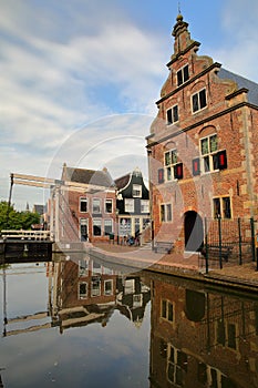 Reflection of the Stadhuis Town Hall in De Rijp, Alkmaar, North Holland, Netherlands
