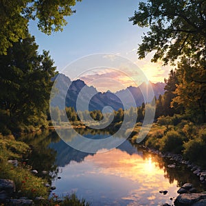 The reflection of Summer Sunrise Oxbow bend.