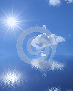 Reflection of the sun, clouds and sky on the water surface