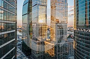 Reflection of the sun in the skyscrapers of Moscow City