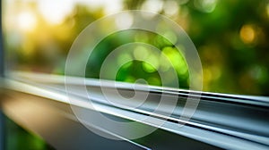 Reflection of sunlight and green trees on a sleek modern window frame with a blurred natural background creating a calm and serene