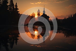 reflection of sunset on the lake and chapel in mountains, with silhouette of trees