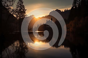 reflection of sunset on the lake and chapel in mountains, with silhouette of trees