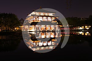 Reflection of the Tang Paradise Center at night, Xi'an, China