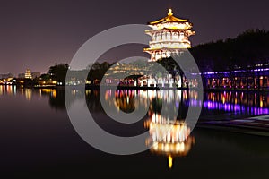 Reflection of the Tang Paradise Center at night, Xi'an, China