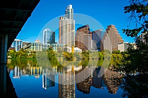 Reflection Town Lake Austin Texas Skyline Under South Congress Avenue Bridge still colorado river