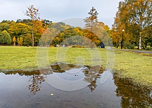 Reflection of a tree full of fall colors and a black cabin