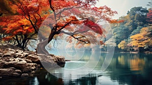 reflection tree by a river