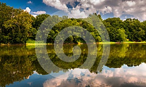 Reflection of trees and clouds in the Potomac River, at Balls Bl