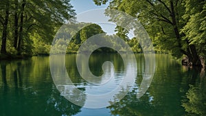 reflection of trees in the water A serene lake with gentle ripples on the surface. The water is clear and reflects the blue sky