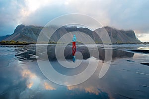 Reflection of Vestrahorn mountain in Stokksnes, Iceland