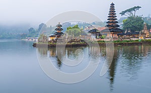 Reflection view of Pura Ulan Danu Bratan on the shores of Lake Bratan in Bali, Indonesia.