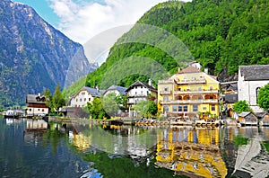 Reflection of village in Hallstatt, Austria