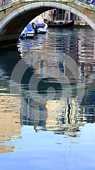 Reflection on the water of the colorful houses of Venice in Ital