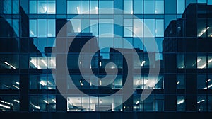 Reflection in windows of modern office building. Night cityscape