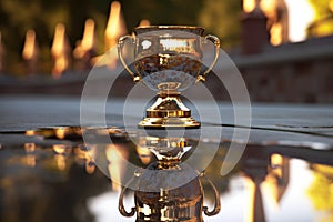 reflection of winners podium in golden cup