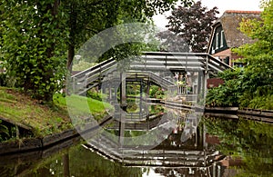 Reflection of Wooden Bridges on Canals of Giethoorn