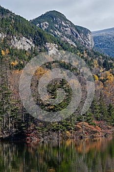 Reflections along the White Mountains and the shoreline of echo lake in New Hampshire