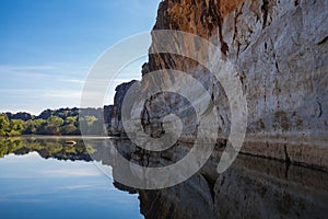 Reflections of the ancient Devonian limestone cliffs of Geikie Gorge where the Fit