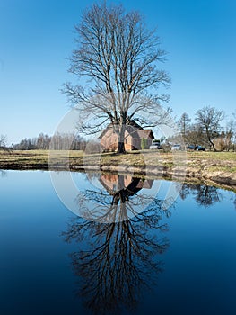 Reflections of country house in the pond