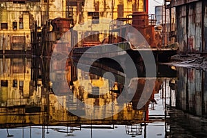 reflections of disused dockyard machinery in water