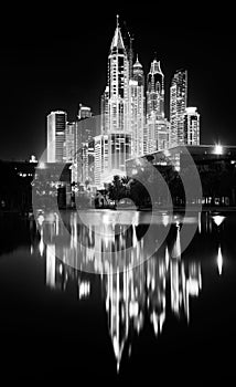 Reflections of Dubai Marina towers, Dubai, United Arab Emirates