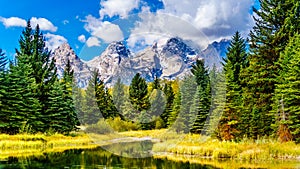 Reflections of the Grand Tetons Peaks in the waters of the Snake River at Schwabacher Landing