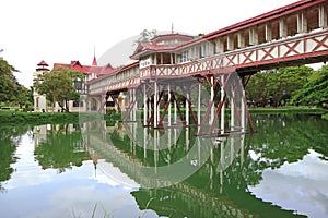 Reflections of the impressive architecture on the pond of Sanam Chan Palace, Thailand