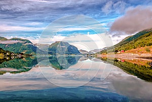 Reflections on lake Jolstravatnet, Sunnfjord Municipality, Vestland county, Norway.