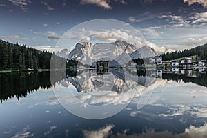 Reflections on the Lake Misurina situated in 1,754 m above sea level. It is one of the most beautiful mountain lakes in the