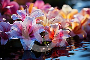 Reflections lilies vibrant hues in still waters, outdoor session images