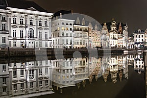 Reflections of medieval buildings in a canal in Ghent