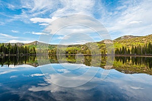 Reflections of mountains at Silver Lake, in Uinta-Wasatch-Cache National Forest, in Brighton, near Park City, Utah