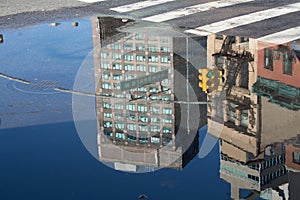 Reflections of New York City in a puddle of water