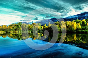 Reflections off a still lake in Autumn.