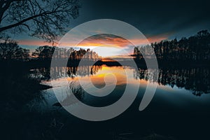 Reflections off a vivid Sunset sky over a Lake