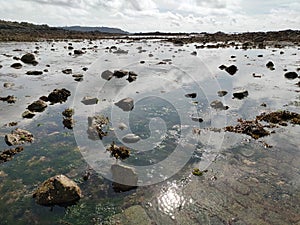 Reflections on a pebble path seaside walk Lihou Island Nature Reserve