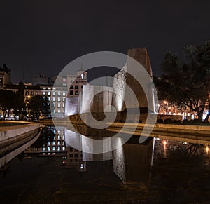 Reflections in the Plaza de Colon in Madrid. Night photo