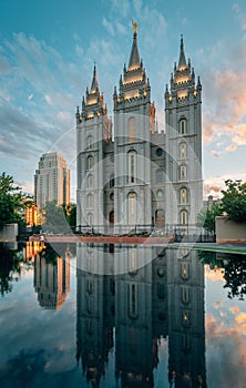 Reflections of the Salt Lake LDS Temple at sunset, in Temple Square, in Salt Lake City, Utah